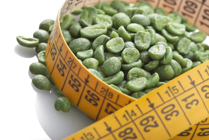Green coffee beans on a white background, with a measuring tape surrounding them.