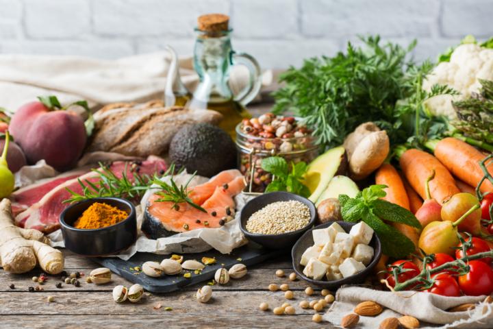 An array of mediterranean diet ingredients on a table top